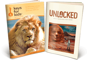 The covers of the Keys for Kids devotional book and Unlocked teen devotional book