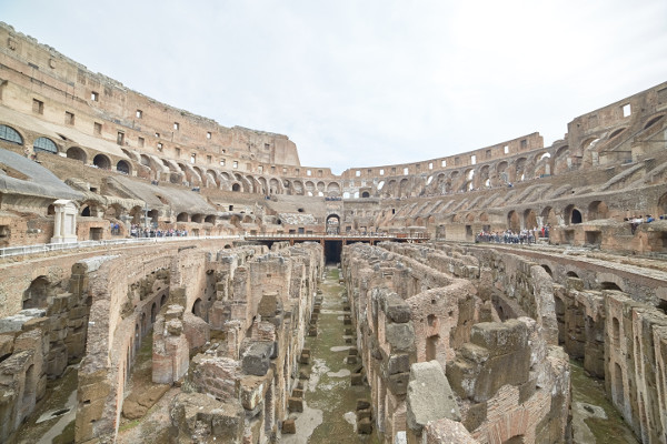A wide angle shot of the arena of the Coliseum in Rome