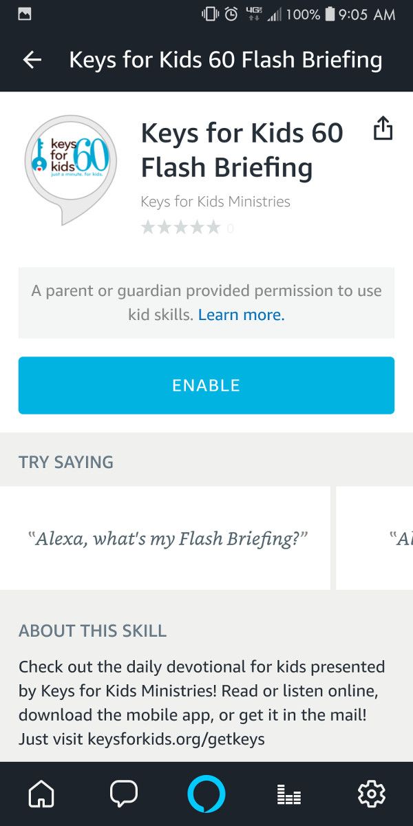 Tap the "enable" button to add Keys for Kids 60 to your Flash Briefing