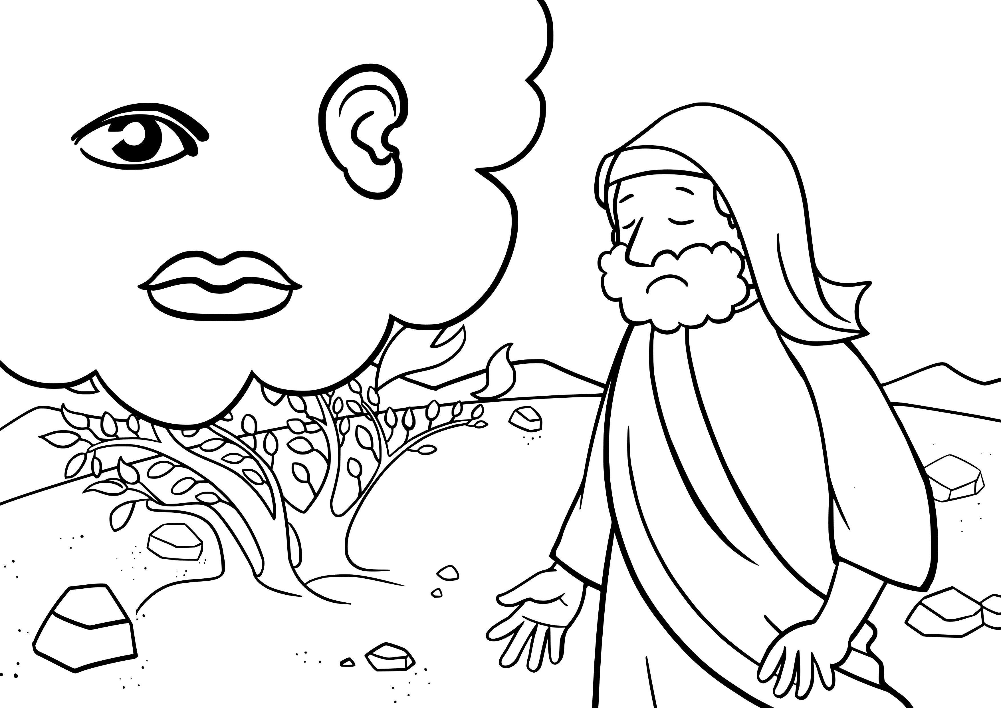 A coloring page of Moses and the burning bush