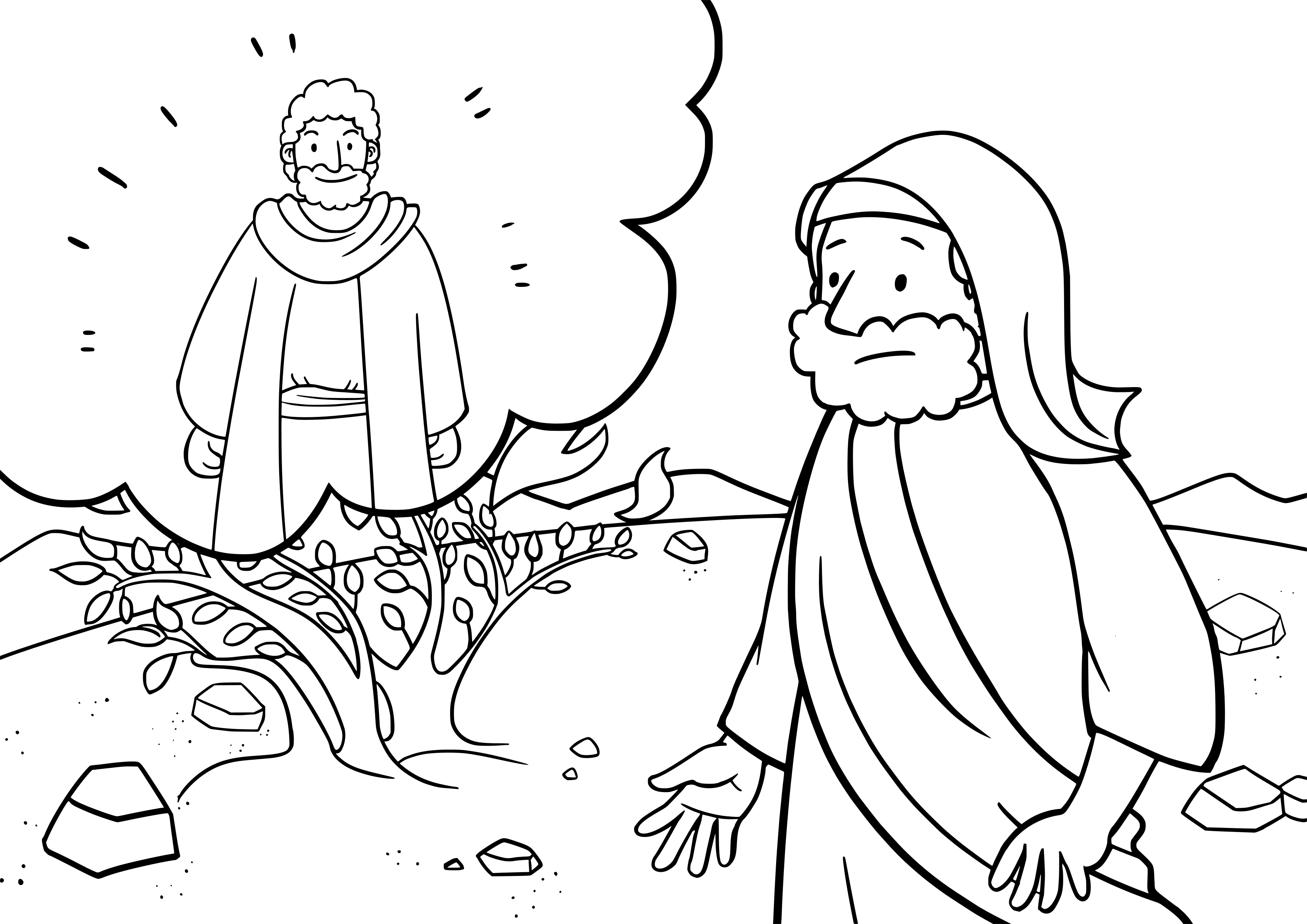 A coloring page of Moses and the burning bush